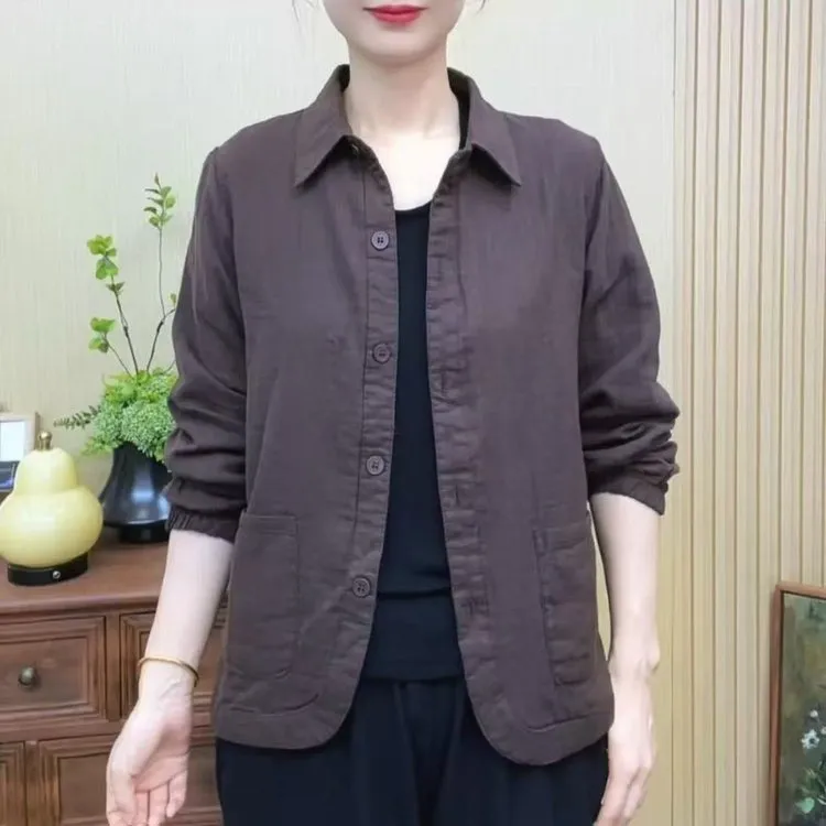 高档女装棉纱衬衫外套2025新款妈妈宽松时尚翻领休闲开衫外穿上衣