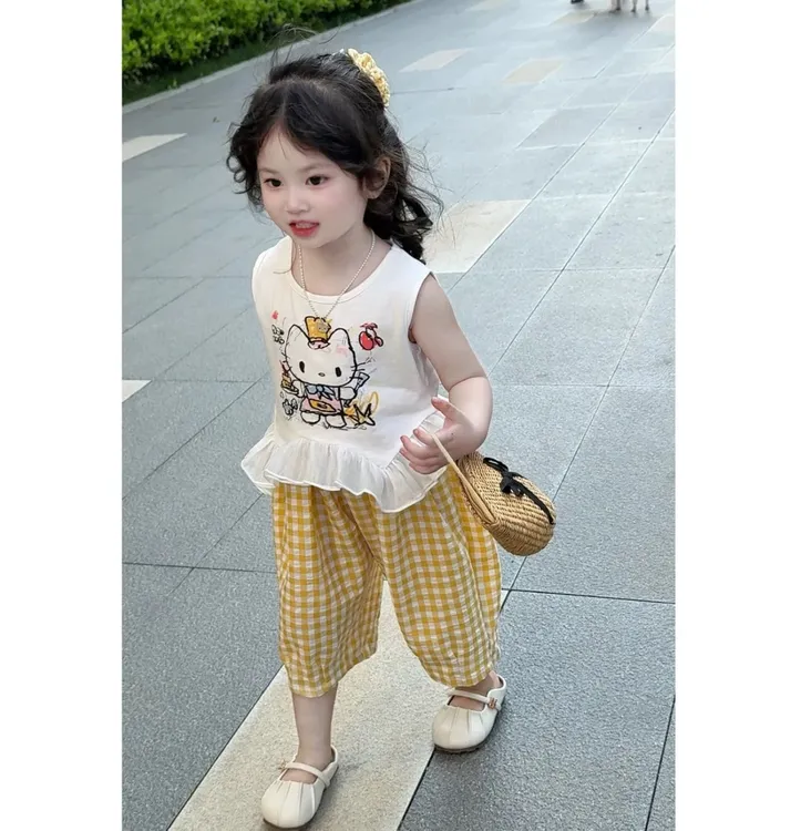 女童夏装2025新款套装女宝宝可爱洋气背心儿童格子防蚊裤两件套潮