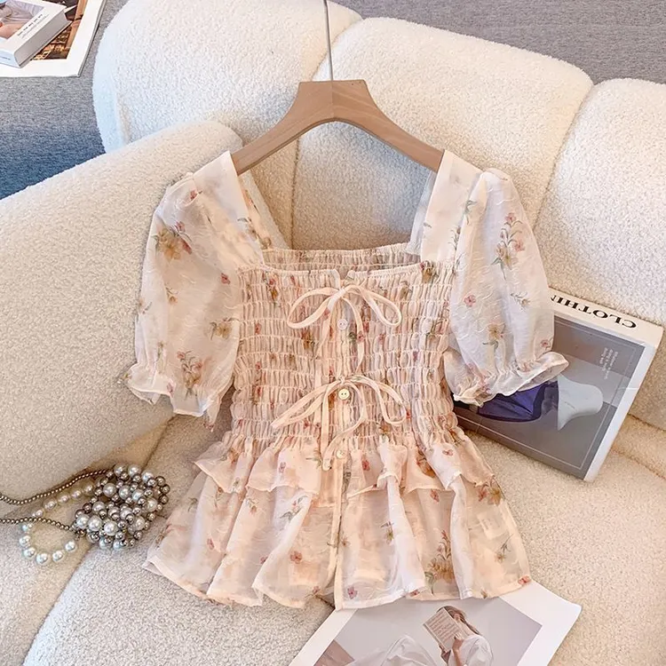 漂亮时尚碎花雪纺衫泡泡短袖女2025夏新款收腰荷叶边裙摆短款上衣