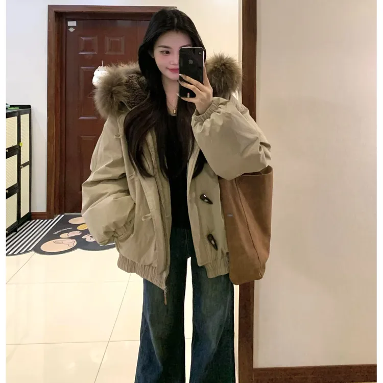 棉服女冬季外套韩系2025新款大毛领加厚宽松派克服牛角扣面包棉衣