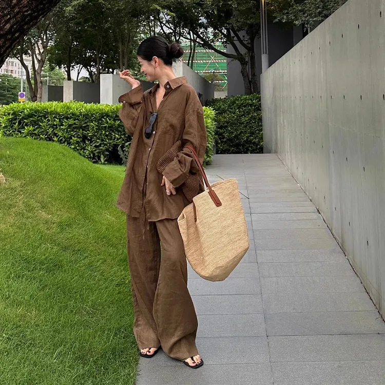 慵懒时尚复古亚麻套装女夏季高端棉麻咖色衬衫老钱风套装