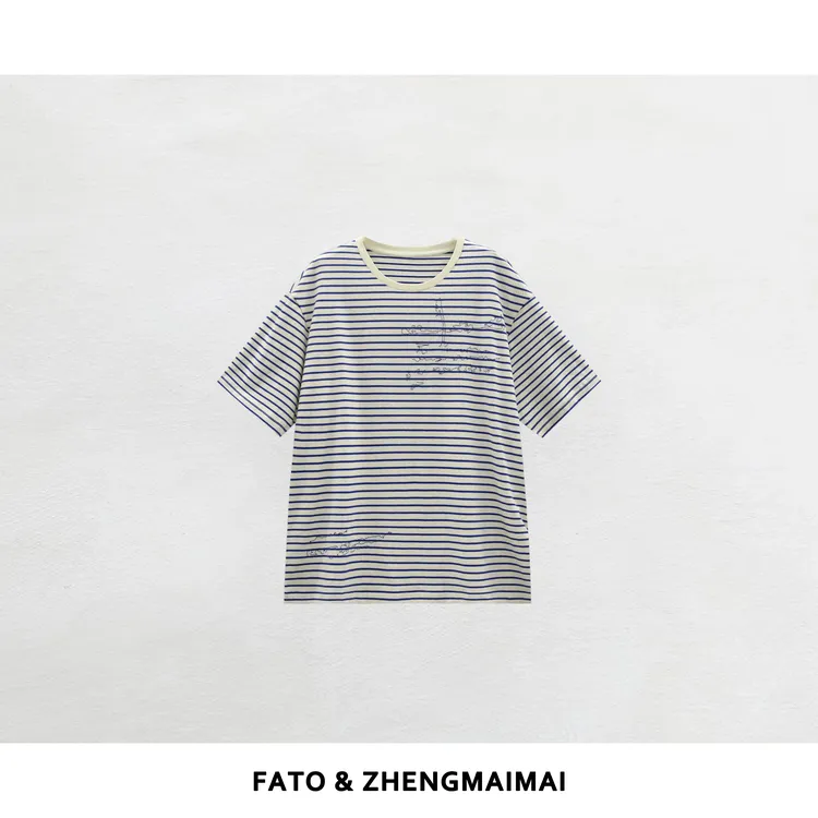 【郑买买】海洋信号 新款禅意小众高级感刺绣条纹短袖T XM50808T4
