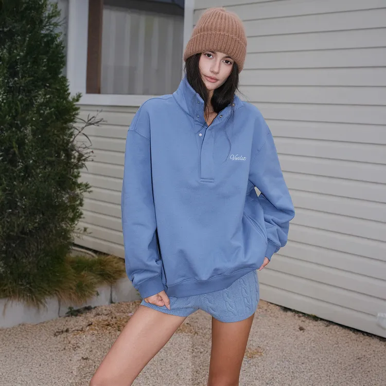 FRESH UP美式休闲落肩字母刺绣卫衣女廓形宽松立领加绒加厚上衣