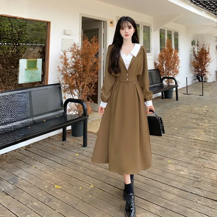 胖妹妹假两件泡泡袖收腰连衣裙2025秋冬新款教资面试设计感中长裙