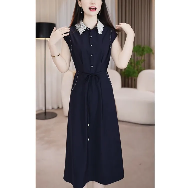 2025夏季新款时尚系带翻领飞飞袖休闲裙气质显瘦拼接中长款连衣裙