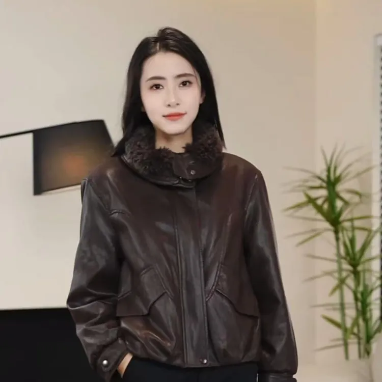 2025拉链做旧加绒立领蝙蝠袖常规纯色加厚皮毛一体皮衣5513