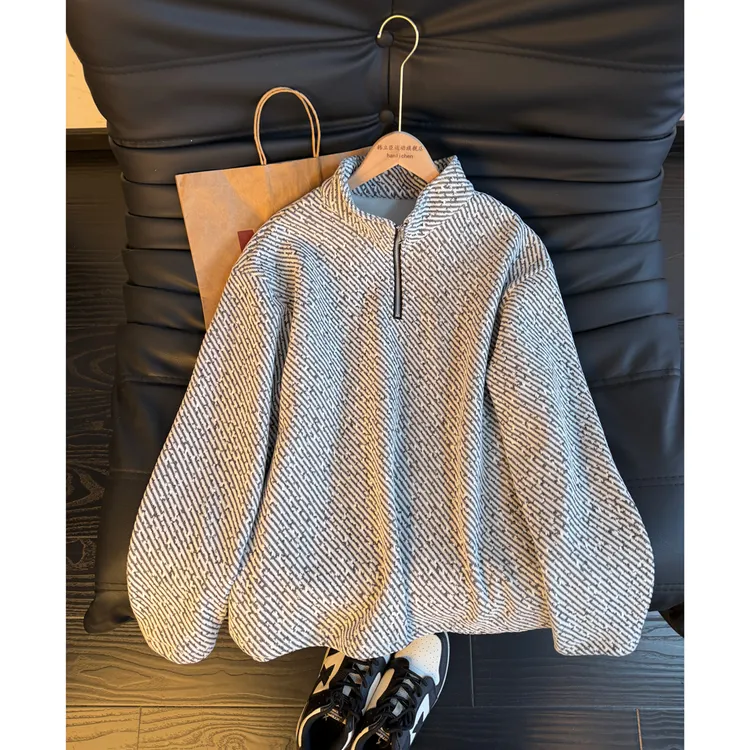 小香风半拉链斑马纹卫衣男款秋冬立领加绒雪尼尔条纹长袖打底