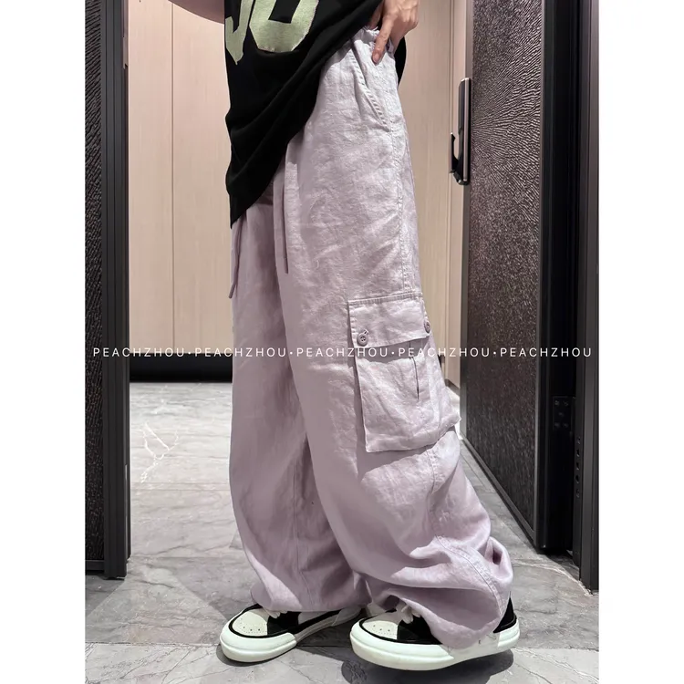 『PEACHZHOU』100亚麻工装风琴大口袋松紧腰调节扣宽松阔腿休闲长裤