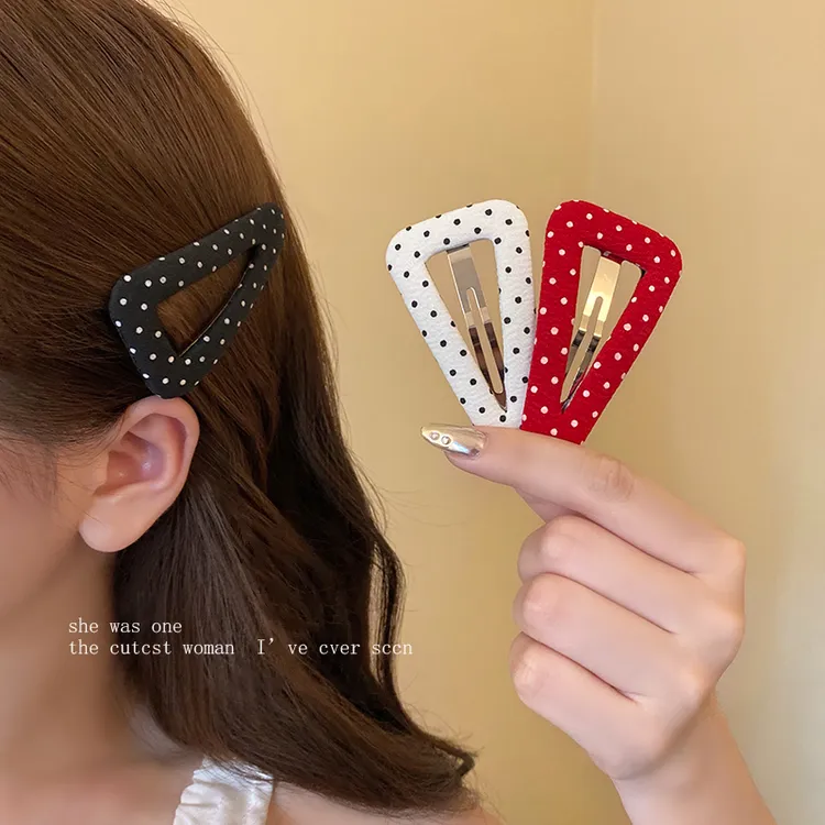 韩系新款手做波点布艺发夹刘海夹掰掰夹复古减龄碎发边夹三角发卡