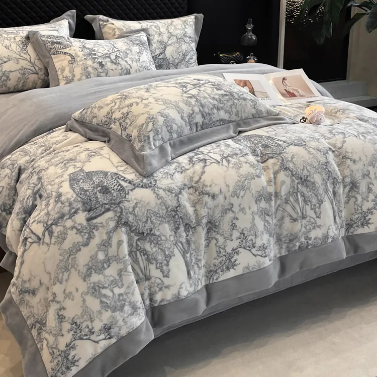 富安娜加厚牛奶绒法式印花轻奢高级感双面绒被套床单床笠四件套