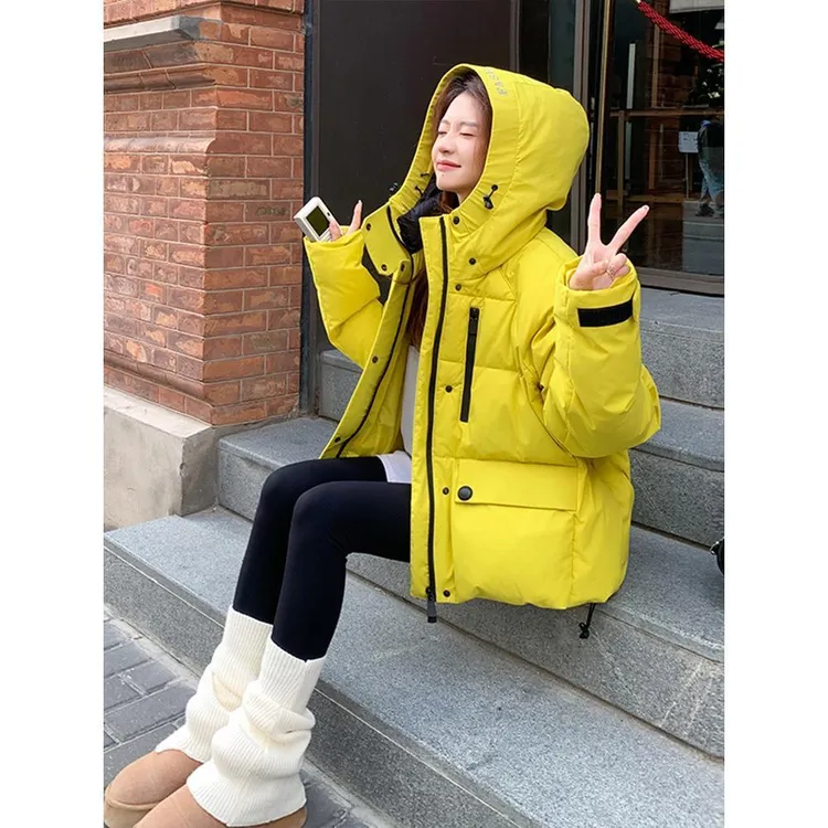 黄色短款连帽工装羽绒服女冬2025新款小个子休闲爆款白鸭绒冲锋衣