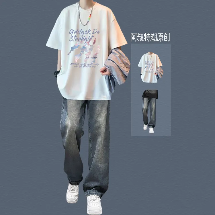 夏季潮流男生套装痞帅短袖T恤高街美式穿搭牛仔裤时髦学生两件套