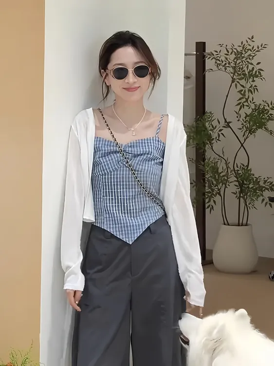 夏季新款简约时尚小众百搭防晒开衫上衣+格子吊带套装恋夏风衣服