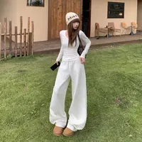REDR秋冬新款美式V领上衣 百搭抽绳弯刀裤垂感修身休闲基础套装女