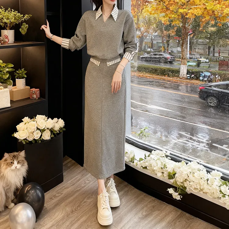 时髦洋气高级设计感时尚套装新款气质网红假两件上衣半身裙两件套