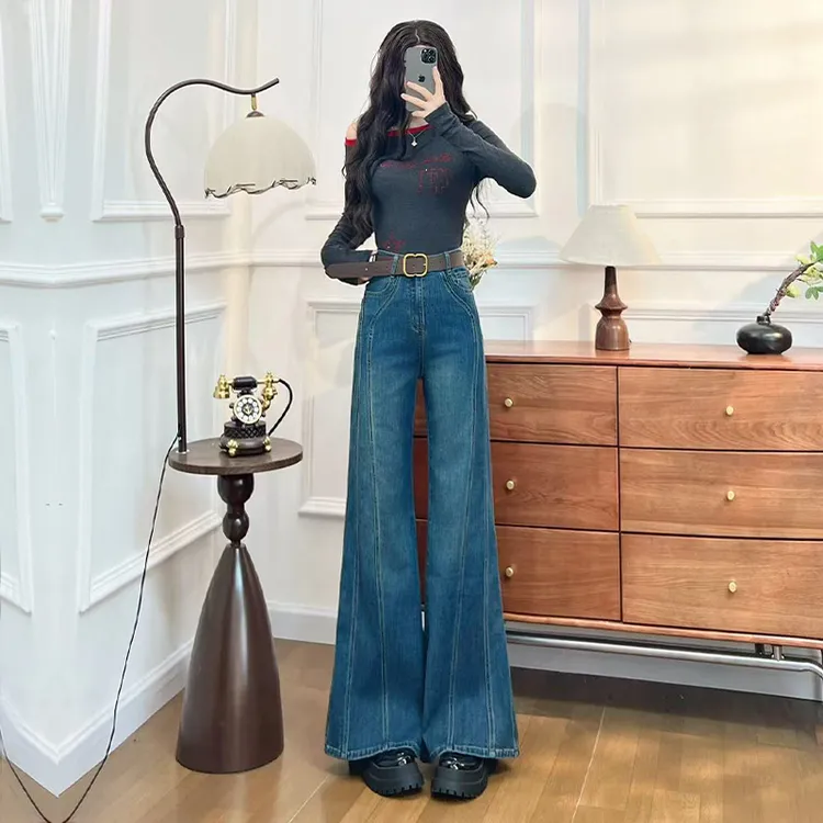 阔腿喇叭牛仔裤女秋冬季新款高腰显瘦弹力宽松复古设计感直筒裤子