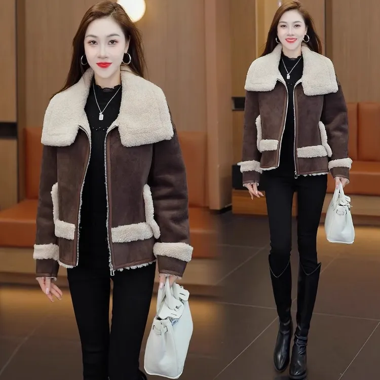 时尚短款外套女2025秋季新款洋气显瘦小个子宽松百搭皮毛一体上衣