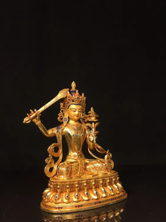 藏式黄铜鎏金文殊菩萨举剑佛像摆件宽12.5cm高16.5cm厚8cm重0.6kg