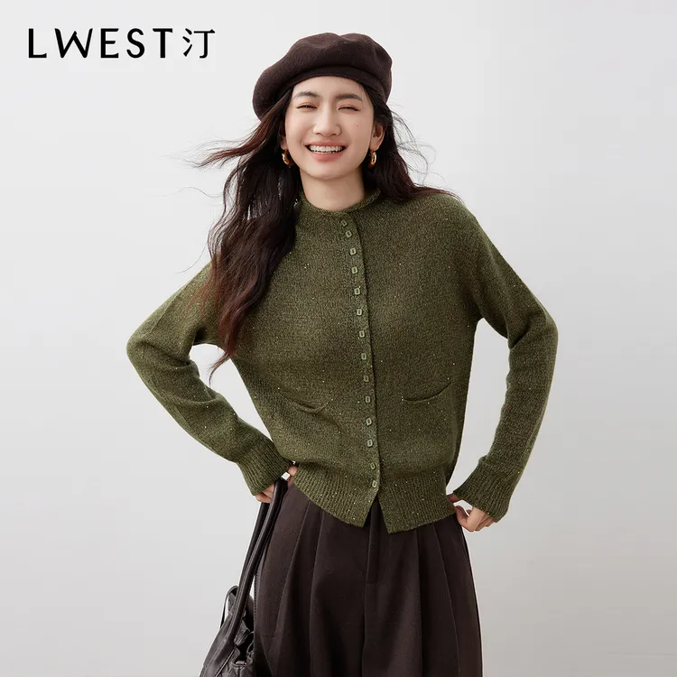 H朗文斯汀复古排扣针织衫女2025冬季新款法式优雅半高领开衫上衣