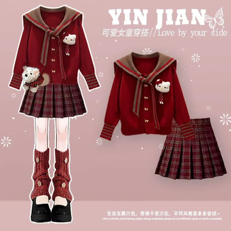 女童冬装套装KT猫套装秋冬季新款学院风儿童毛衣外套格子两件套