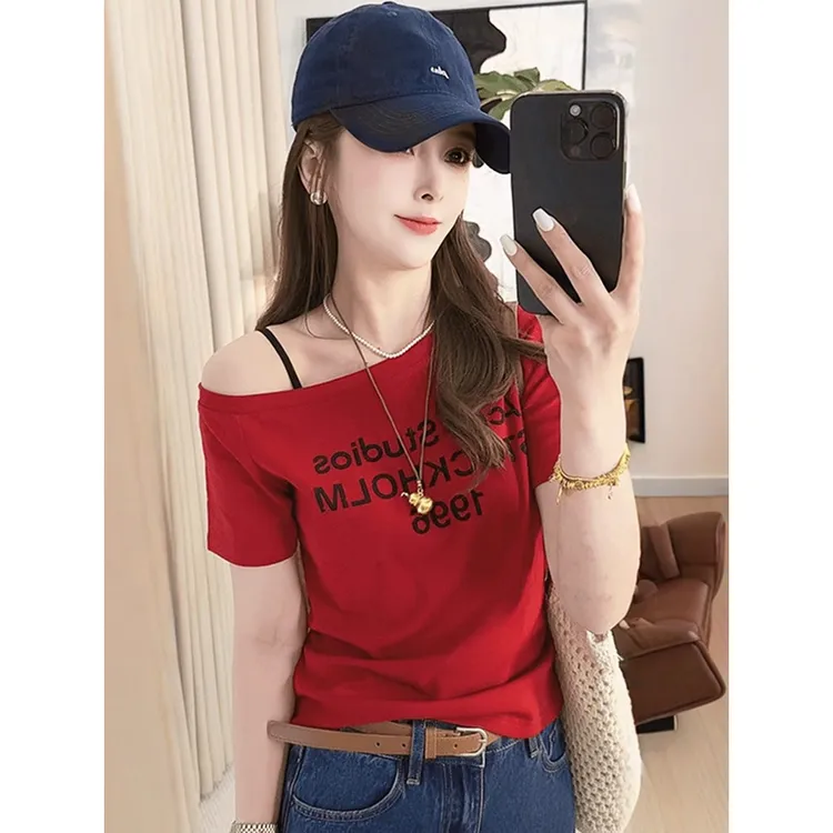 新款酒红浅灰黑色T恤奥代尔材质舒适弹力短袖老钱纯欲慵懒风女装