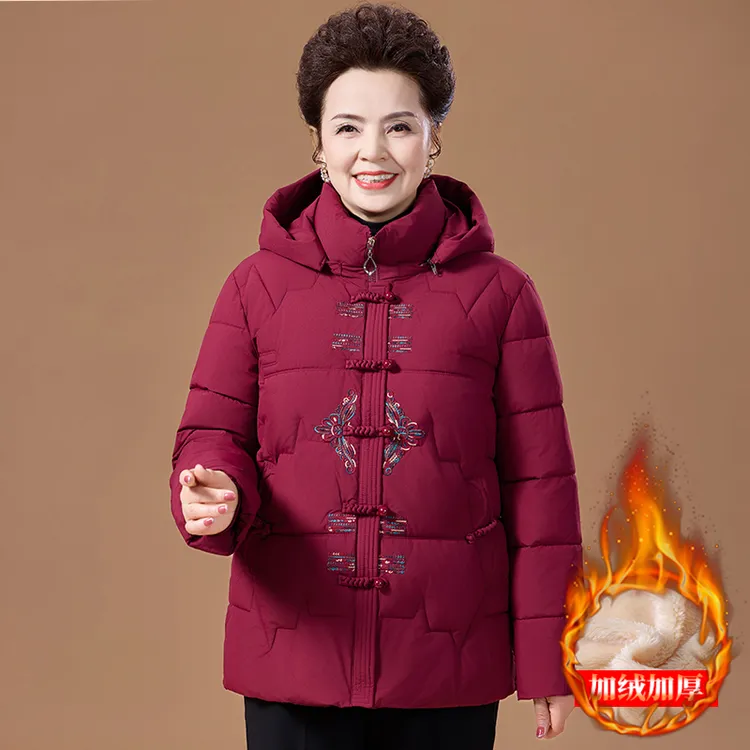 妈妈冬装加绒加厚棉服洋气2025新款中老年女装中长款连帽棉衣外套