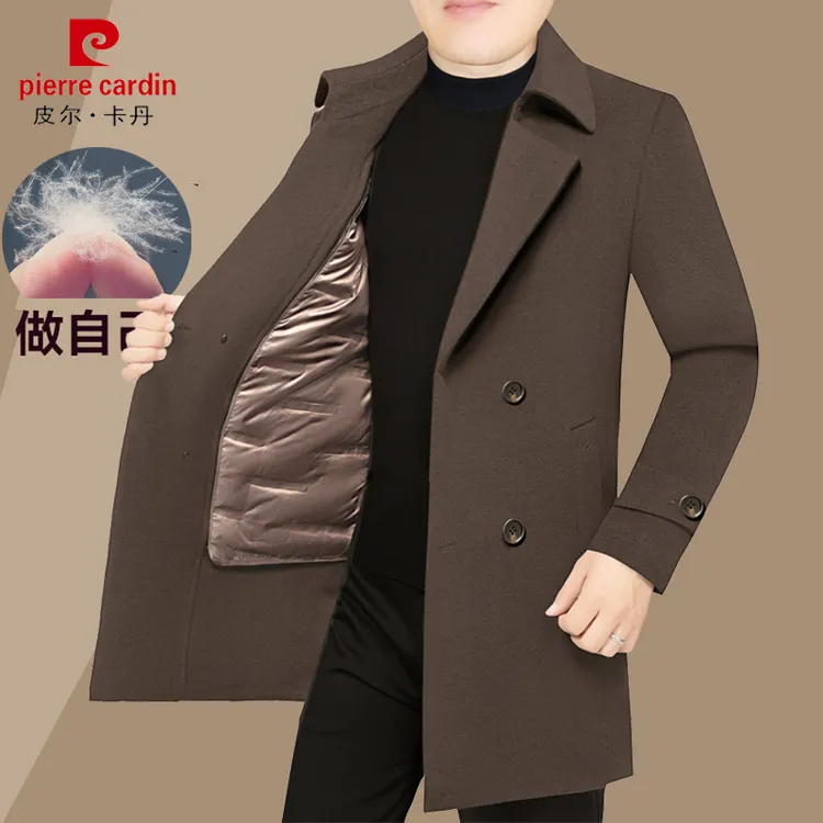 皮尔卡丹大翻领毛呢大衣男中年中长款羊毛呢外套双面呢可拆卸内胆