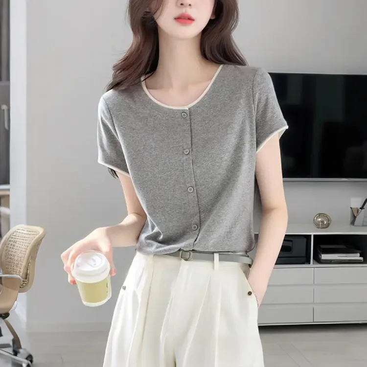 休闲撞色拼接短袖复古T恤女士夏季新款简约百搭显瘦衬衫棉质上衣