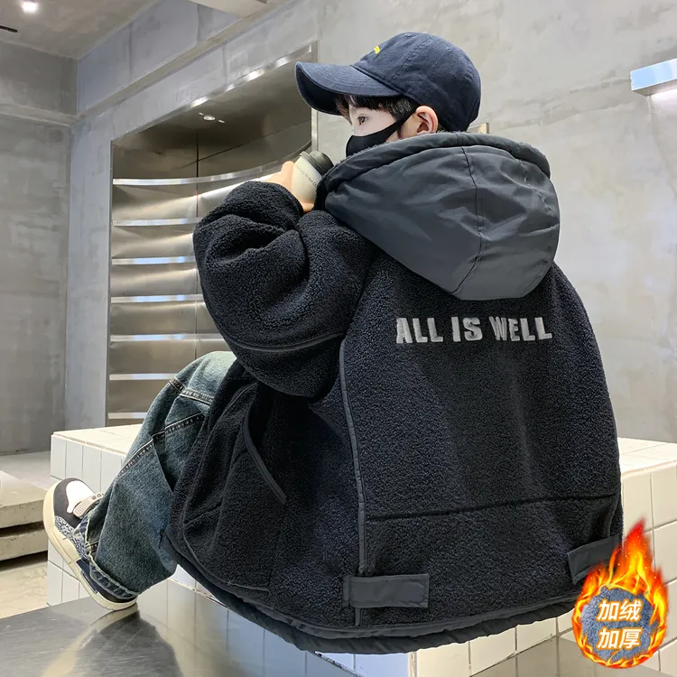 男童加绒外套秋冬款2025新款儿童冬季男孩中大童羊羔绒毛毛衣棉服