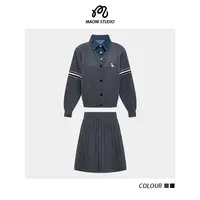 毛妮LADIESFIRST学院风拼接牛仔领针织外套配高腰半身裙套装L2892