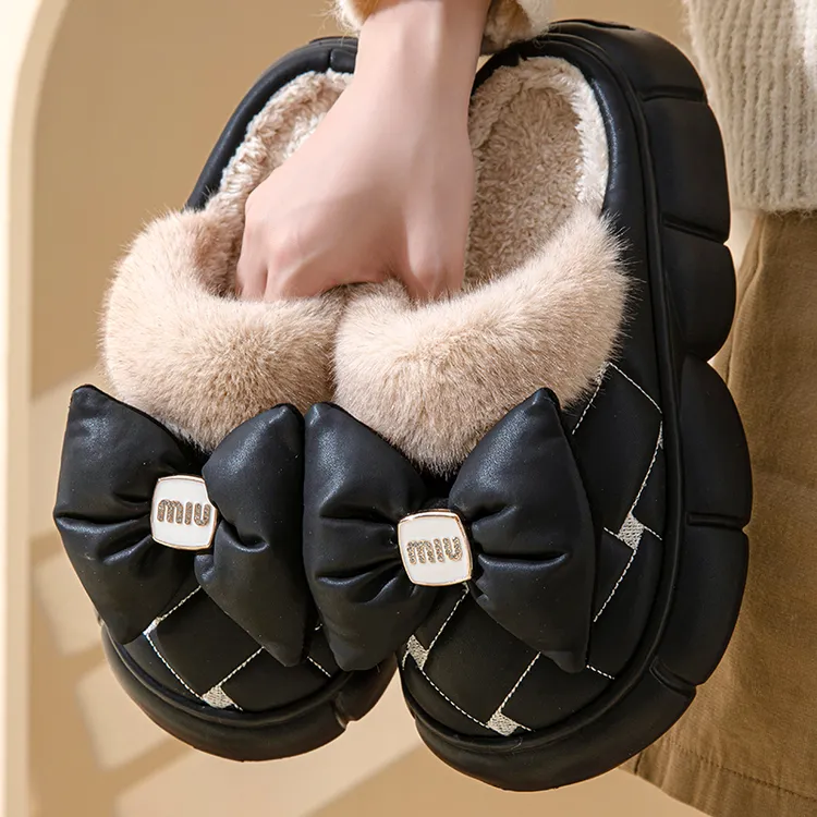 卡芭诺  外穿厚底棉拖鞋女冬蝴蝶结室内家居厚底保暖毛绒包跟棉鞋