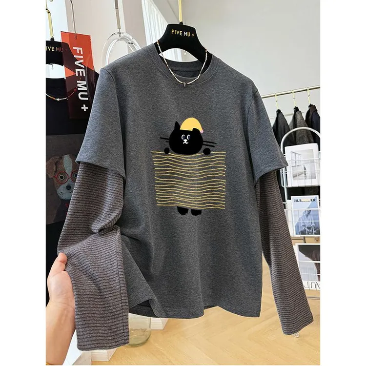 胖妹妹240斤大码加厚高级感条纹假两件长袖T恤女秋冬季德绒打底衫