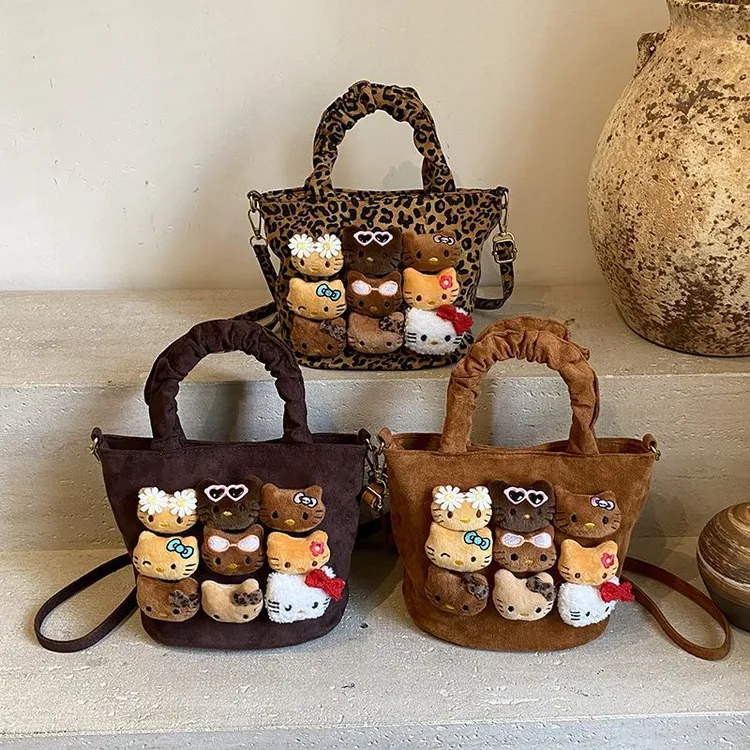 超火秋冬小豹纹女孩流行百搭单肩斜挎包可爱卡通猫咪手提水桶包X