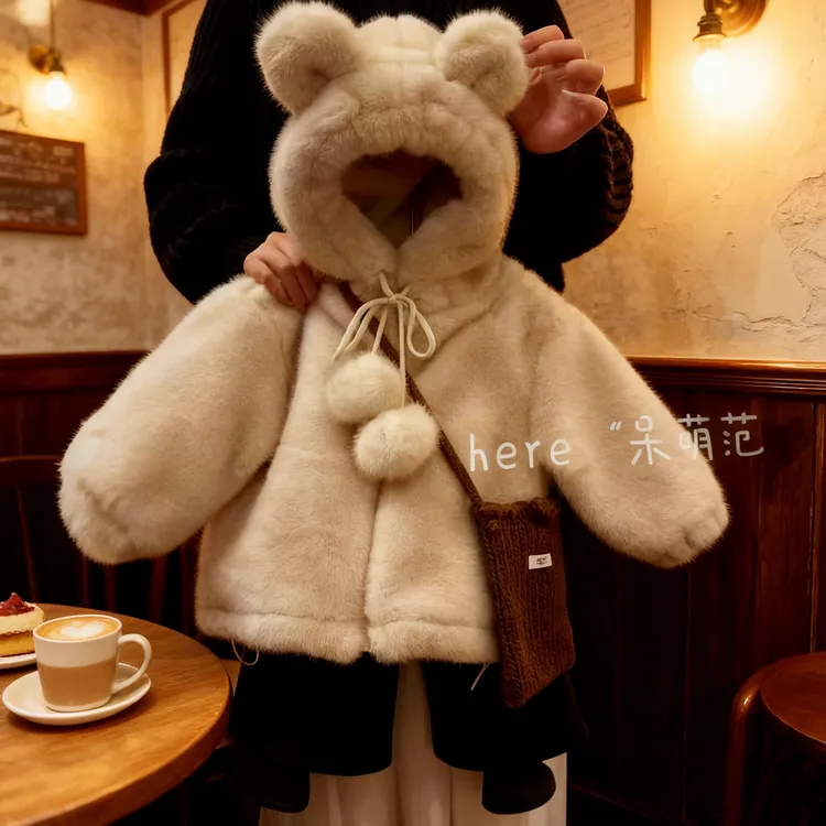 女童冬装外套加绒25冬季新款宝宝熊耳朵毛毛衣绒保暖加厚公主草草