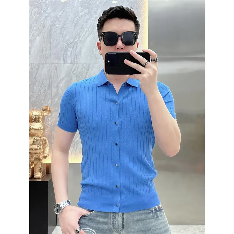 高端夏季新款修身帅气弹力翻领短袖开衫薄款透气冰丝半袖T恤男潮