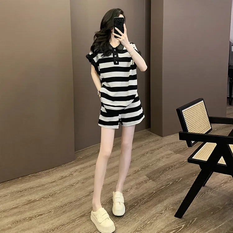 黑白条纹T恤短裤两件套女2025年夏季网纱拼接短袖运 动休闲套装潮