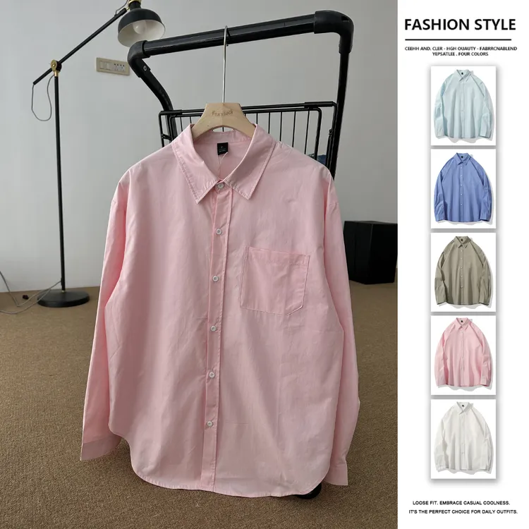 薄款夏季粉色长袖衬衫男女防晒简约纯棉叠穿衬衣潮流百搭宽松外套