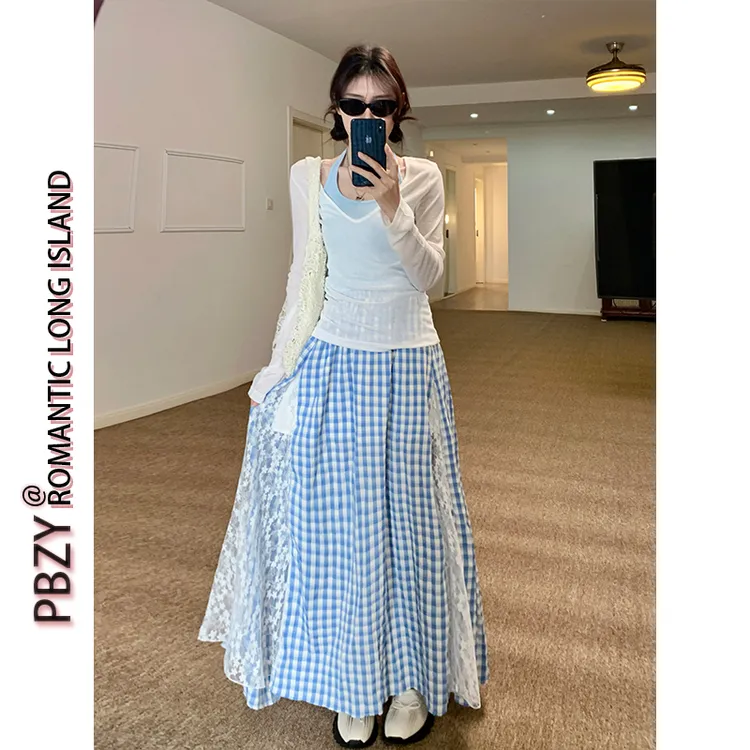 春夏季长袖正肩宽松显瘦遮肉T恤上衣+格子松紧腰半身裙套装 9046#