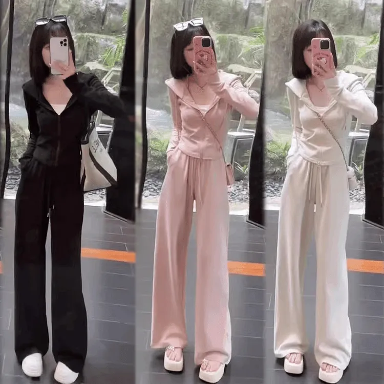 套装开衫连帽阔腿裤两件套女2025春秋新款时尚洋气显瘦休闲套装女