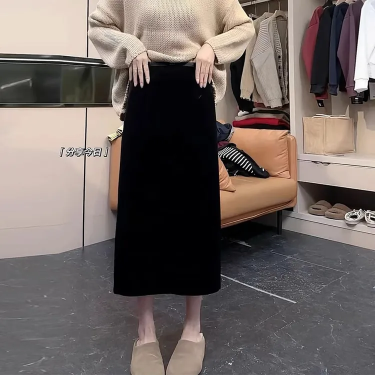 大码丝绒半身裙子半裙女秋冬加厚胖妹妹高腰显瘦中长款开叉A字裙
