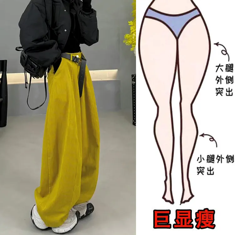 冬季新款韩系通勤百搭休闲裤高腰显瘦灯芯绒简约阔腿裤加绒弯刀裤