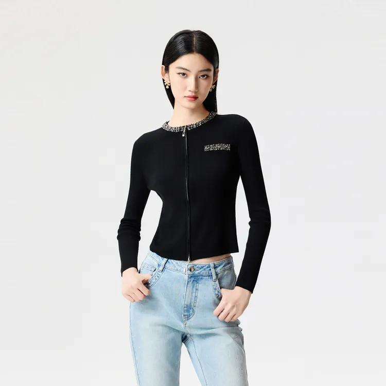 朗姿/朗姿莱茵晴·光时髦拉链钻饰修身针织开衫黑色LDHA1AKCD810