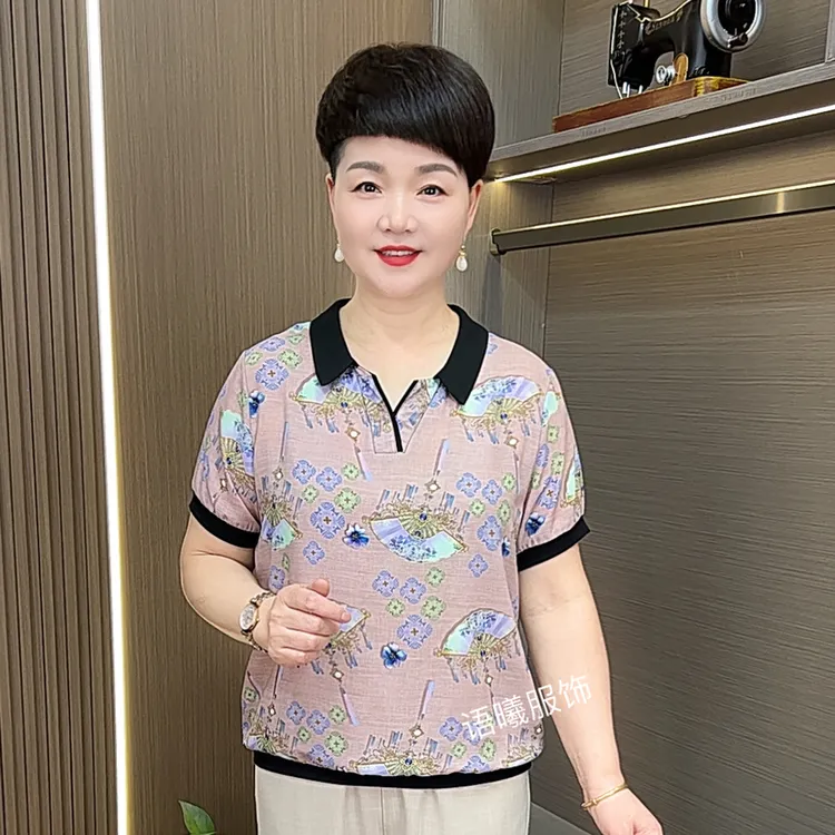 夏季洋气薄款宽松型显瘦中老年女装短袖上衣F552