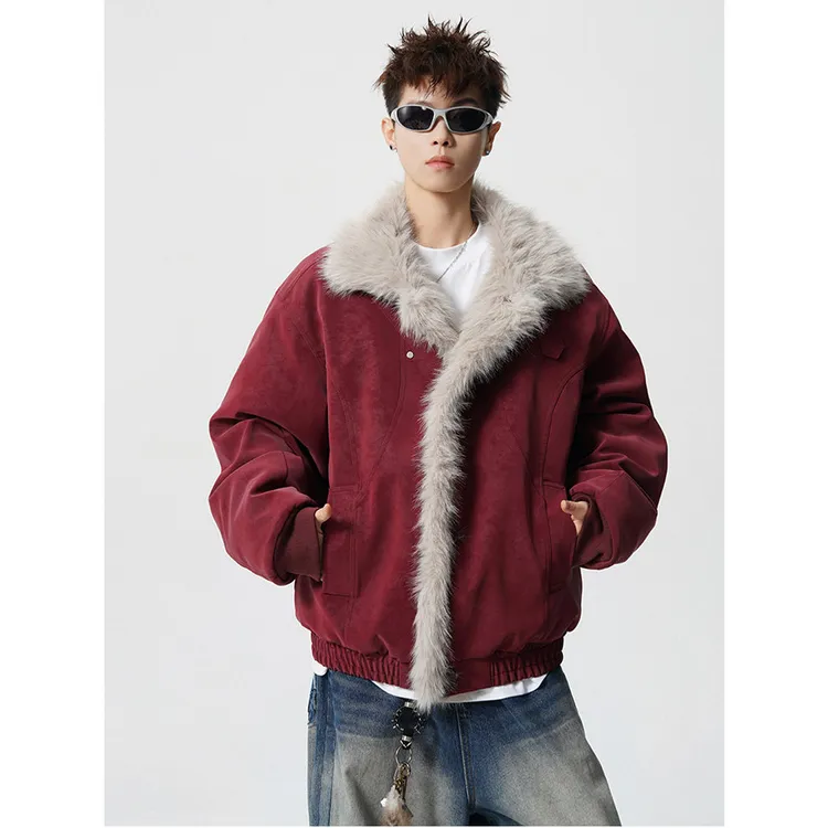 美式酒红色座山雕保暖棉衣翻领男款冬季宽松加厚重磅休闲棉服外套