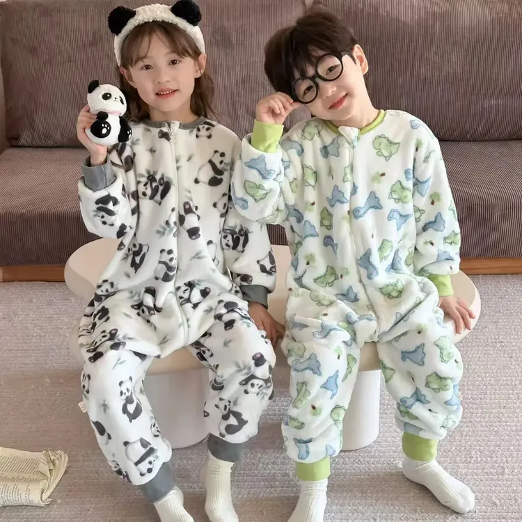儿童连体睡衣秋冬季男童女童睡袋法兰绒珊瑚绒保暖冬款宝宝防踢JY