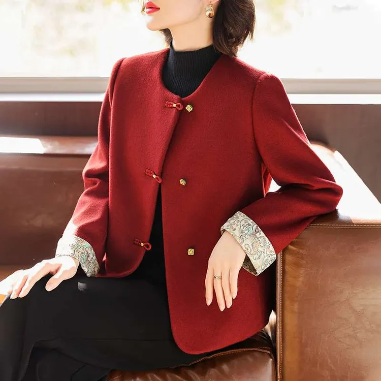 范哲萨喜婆婆妈妈秋装毛呢短款外套中老年本命年婚礼喜庆红色呢子