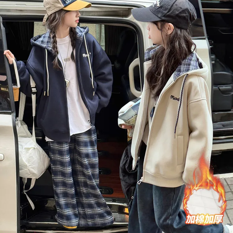 女童外套秋冬款2025新款洋气女孩儿童加厚卫衣冬季大童夹棉棒球服