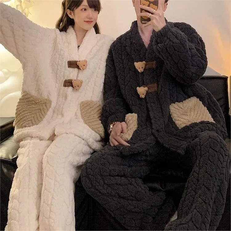 韩版爆款加绒情侣睡衣女款秋冬季加厚卡套珊瑚绒家居服毛绒保暖套