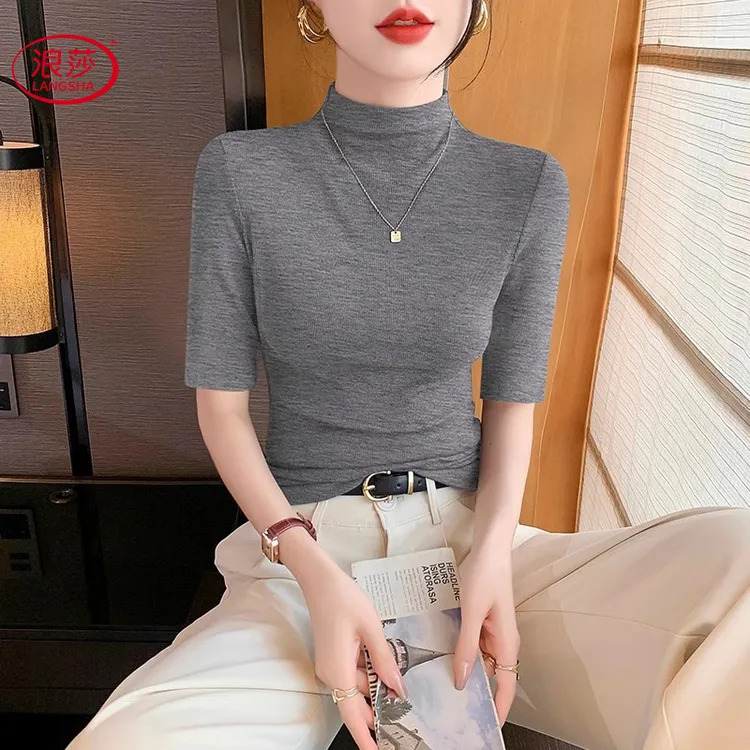 浪莎半高领夏季中袖t恤女半袖打底衫2025新款修身ins