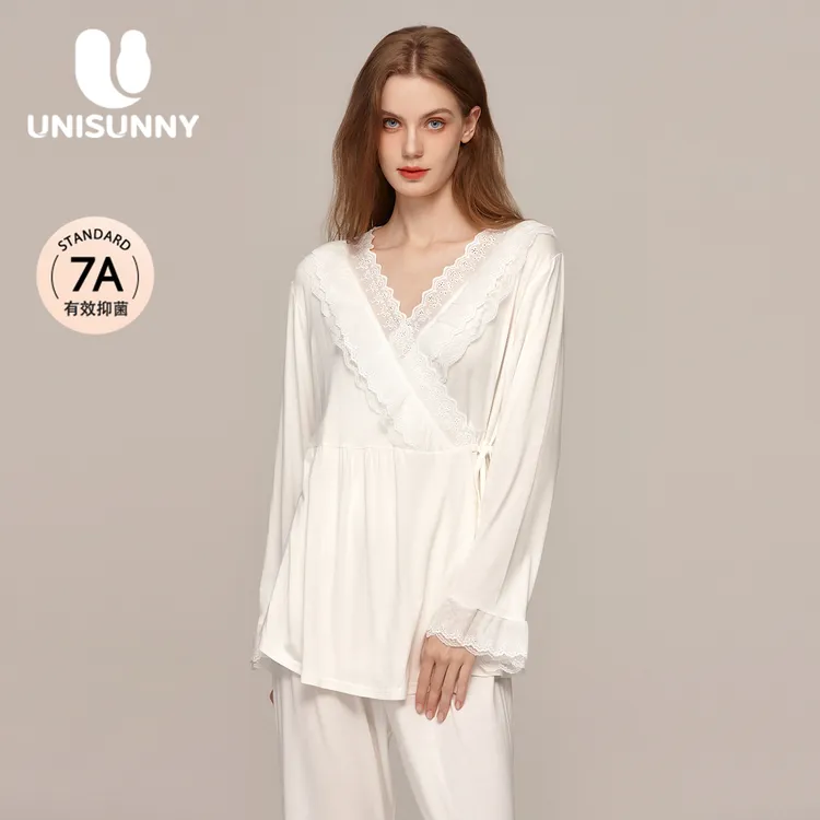 unisunny月子服孕期产后哺乳睡衣纯棉时尚系带产妇春秋孕妇家居服